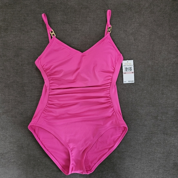 Michael Kors w gold MK Chain link Over the Shoulder One Piece Swimsuit Sz 10 nwt - Picture 1 of 14